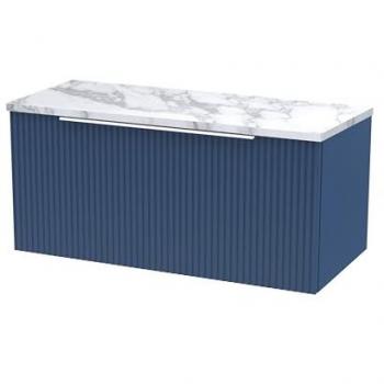 Satin Blue Fluted Wall Hung 800mm Vanity Unit with Carrera Marble Worktop