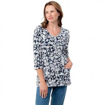 Stretch Cotton Clover V-Neck ¾ Sleeve Tunic – Navy