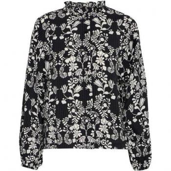 Black Ichi Print Button Blouse for Women