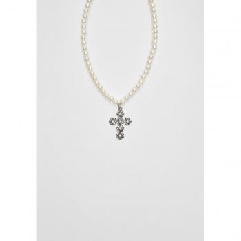 Stradivarius Contrast Faux Pearl with Sparkling Cross Necklace – Grey