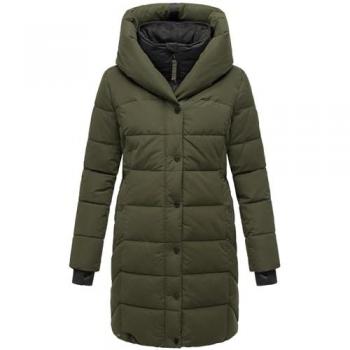 Navahoo Steppmantel Knutschilein Damen Lang Warm Olivgrün mit Abnehmbarem Fleece-Kragen Größe XXL