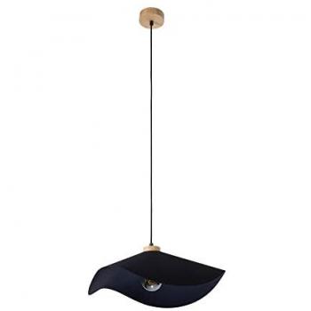 Lampe Pendentif Bois de Chêne Huilé et Abat-jour Noir sur Câble en Tissu Hattu
