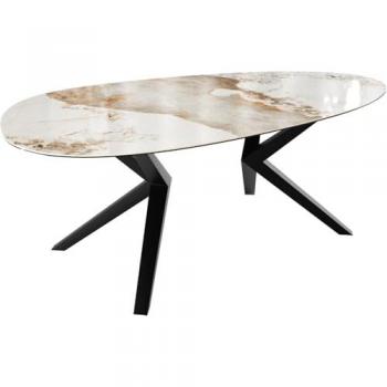 DELIFE Esstisch Edge Oval 220x120 cm – Keramik Minas Melange Blanc‑Beige, Metallic-Kante in Schwarz