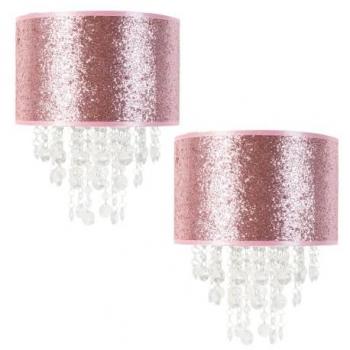 Pink Glitter Drum Shade Pendant Light Set with 10W Warm White LED Bulbs