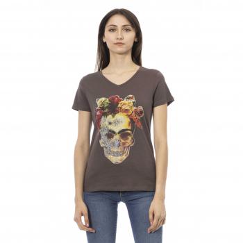 Trussardi Brown Cotton V-Neck T-Shirt with Front Print