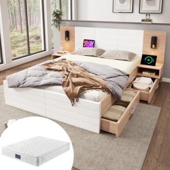 Letto matrimoniale in rovere/bianco con giroletto, rete a doghe e cassetti integrati