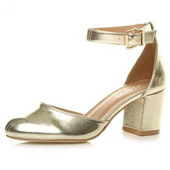 Gold Mid Block Heel Ankle Strap – 2-Piece Faux Leather