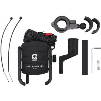 Support moto en aluminium avec chargeur USB rapide Qc3.0 et rotation Noir