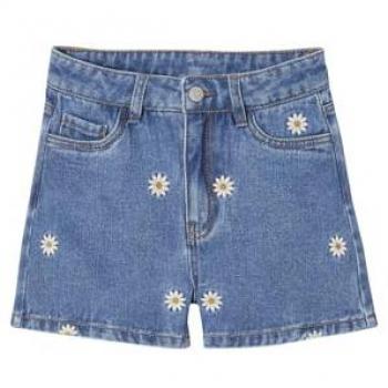 VERTBAUDET Short Denim Bordé Fleurs Jeune Fille Stone