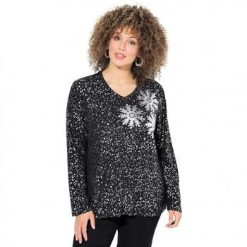 Ulla Popken Plus Size Sweatshirt, schwarz, V-Ausschnitt, Langarm, Größe 42/44, mit Schneeflocken