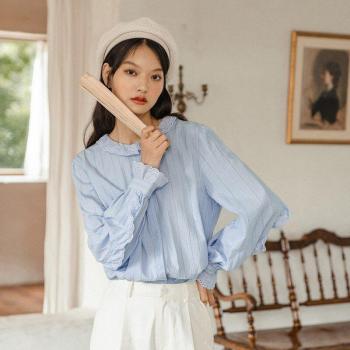 Camisa de Manga Larga con Estilo Flounce y Cuello Redondo