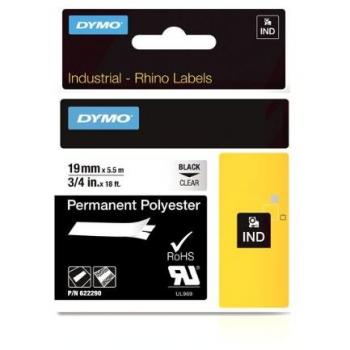 Dymo Rhino Band – Industriepolyester Etikett (19 mm × 5,5 m) Schwarz/Transparent