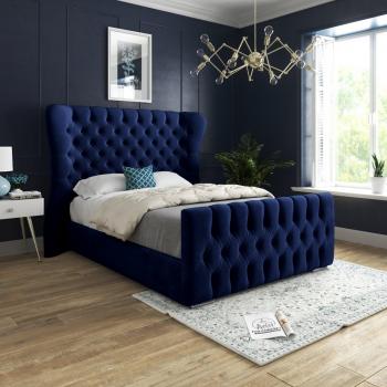 Blue Velvet Superking Bed Frame with Curved Wings