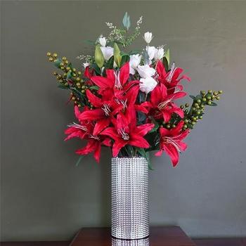 Red Lily Artificial Arrangement with Silver Glass Vase