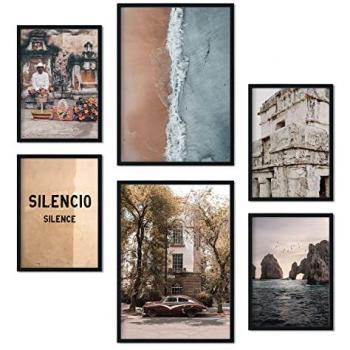 Set de 6 Cuadros Fotográficos Vintage de México para Decoración de Pared en Habitación, Salón y Dormitorio