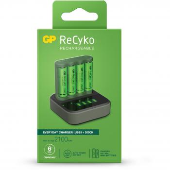 GP Batteries Cargador de Pilas Recyko B421 Dock Pack USB 4 Espacios + Base de Carga + 4 Pilas Recargables 2100mah AA
