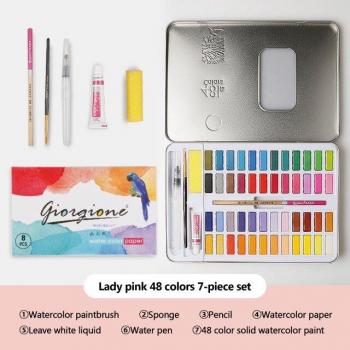 Solid Watercolor Paint Set 48 Colors 9pcs Art Supplies with Fountain Pen for Beginners