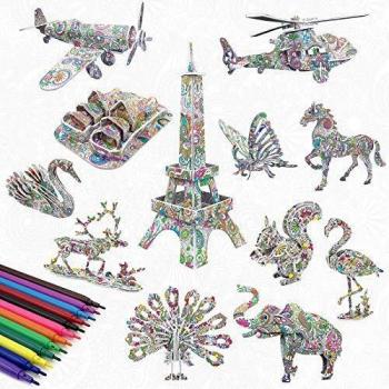 3D Assemble-and-Color Puzzle Kit, Including DIY Art and Crafts Set with 8 Animal and 4 Building Models and 24 Colored Pens for Party Games (Package of 12)
