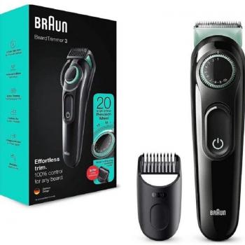 Braun Series 3 AC/Battery Beard Trimmer – 20 mm Length Settings, Black/Green
