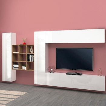 TV meuble suspendu bibliothèque blanche, double armoire, colonnes – Ferd WH