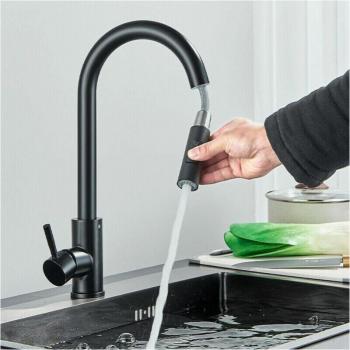 Black 2‑Mode Kitchen Faucet – Telescopic, 360° Swivel Nozzle – 304 SS