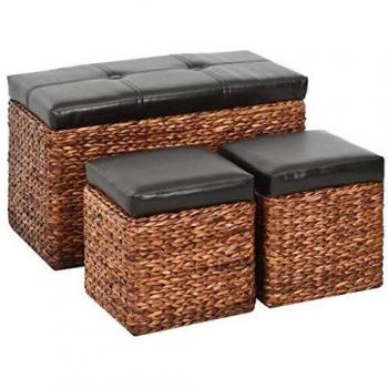 Panca e 2 Puff in Giunco Marrone e Nero