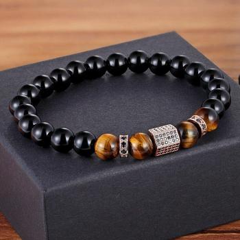 Matte Onyx & Tiger Eye Beads Bracelet with Zircon for Men