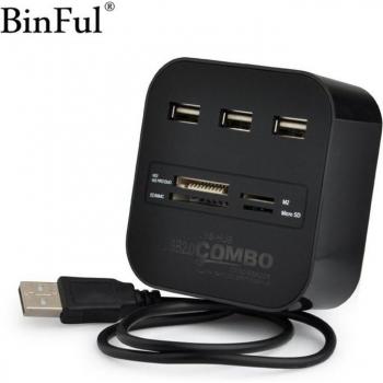Adaptateur USB BinFul 2.0 3 Ports avec Lecteur de Cartes
