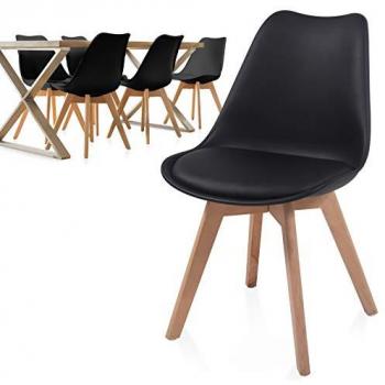 Sedia Nordica Moderna, Set di 6, Gambe in Legno di Faggio, Seduta Imbottita, Schienale Ergonomico, Nero