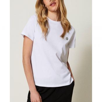 T-shirt Bianco con strass Oval T, Cotone, Taglia XL