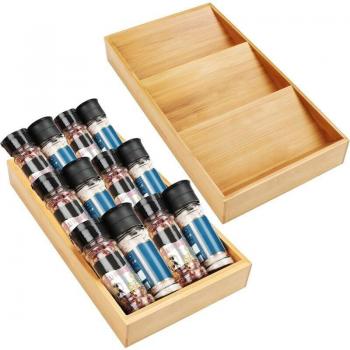 Pack de 2 – Rangement épices Kurtzy, tiroir à 3 niveaux en bambou – Étagère inclinée pour sel, épices, vitamines, suppléments, adapté aux placards et tiroirs