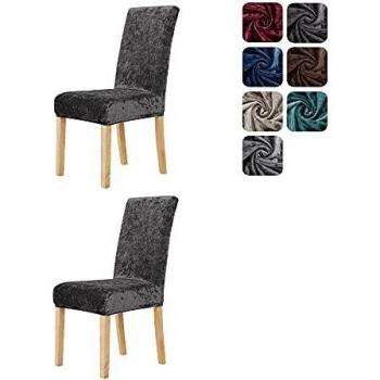 Decorative Velvet Dining Chair Covers, Stretch Fit, Dark Grey, Pack of 2