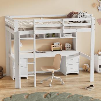 Cama entresuelo con escritorio y almacenamiento 90x200 cm de pino blanco