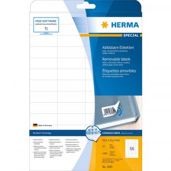 HERMA Removable Adhesive Labels, 56 Labels A4 Sheet, 52.5 x 21.2 mm, 1400 Total
