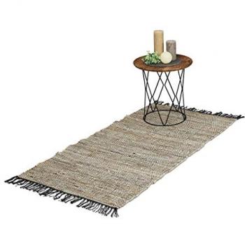 Fringed Leather & Cotton Runner Rug, Non-slip, 70 x 140 cm, Grey