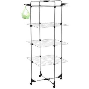 Prodotto GIMI: stendibiancheria Sharm con struttura in acciaio, dotato di 4 barre orizzontali per un totale di 40 metri lineari di spazio espositivo, include mollette. Colore gr