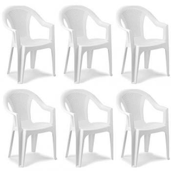 Sedie da giardino Tomaino: set 6, plastica rattan, bianco, impilabile con bracciolo