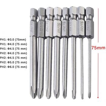 Heavy-Duty 8-Piece 75mm Long Alloy Steel Magnetic Cross-Head Phillips Hex Screwdriver Bit Set