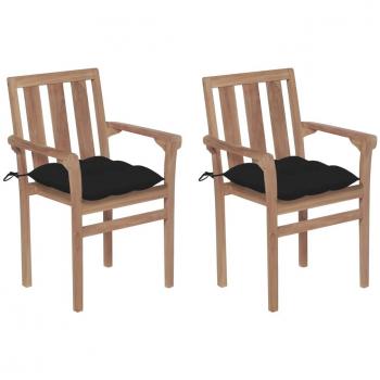 Teak Wood Patio Chairs with Black Cushions (Set of 2)