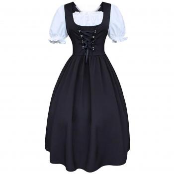 Vestido Dirndl Midi para Mujer con Delantal y Blusa en Colores Negro y Blanco 4XL