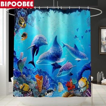 3D Ocean Dolphin Shower Curtain Set with Bath Mat and Toilet Lid Cover