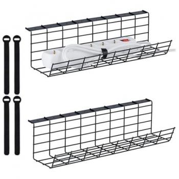 Set of Two Wire Trays for Desks, Black, with Adjustable Ties, Cord Holder Feature, Size: 11 x 43 x 14 cm