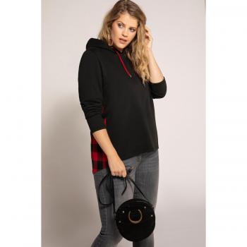 Felpa svasata con cappuccio, retro a quadri, Donna, Nero, Taglia: 48/50, Cotone/Poliestere