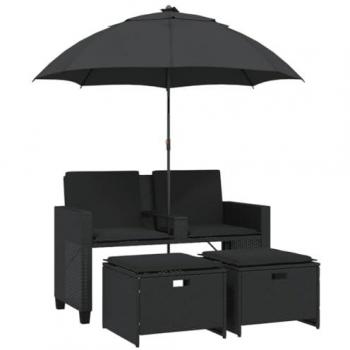 2-Seater Patio Sofa with Parasol and Stools Black Poly Rattan