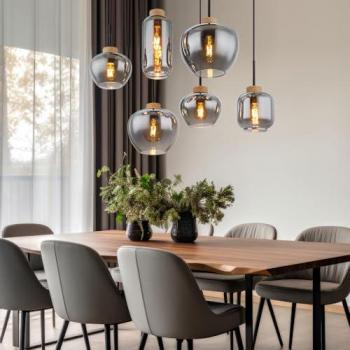 Retro Pendelleuchte 6 flammig Rauchglas Metall schwarz