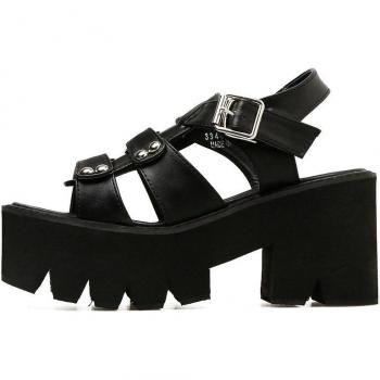 Sandales noires à sangle boucle et talon compensé pour femmes Harajuku SX2880