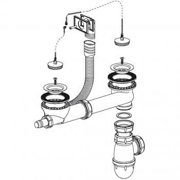 Bonde chainette siphon 265915 avec tubulure pour évier 2 cuves D70 avec prise mâle