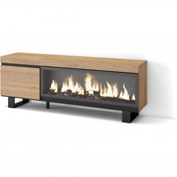 Skraut Home : Meuble TV 158 × 35 × 57 cm, Effet bois de chêne + Cheminée XXL beige, Design industriel