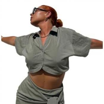 Women's Khaki Ruched Boxy Cropped Shirt