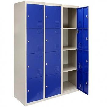 Casier en acier 3 x 4 portes, bleu et gris, avec serrure